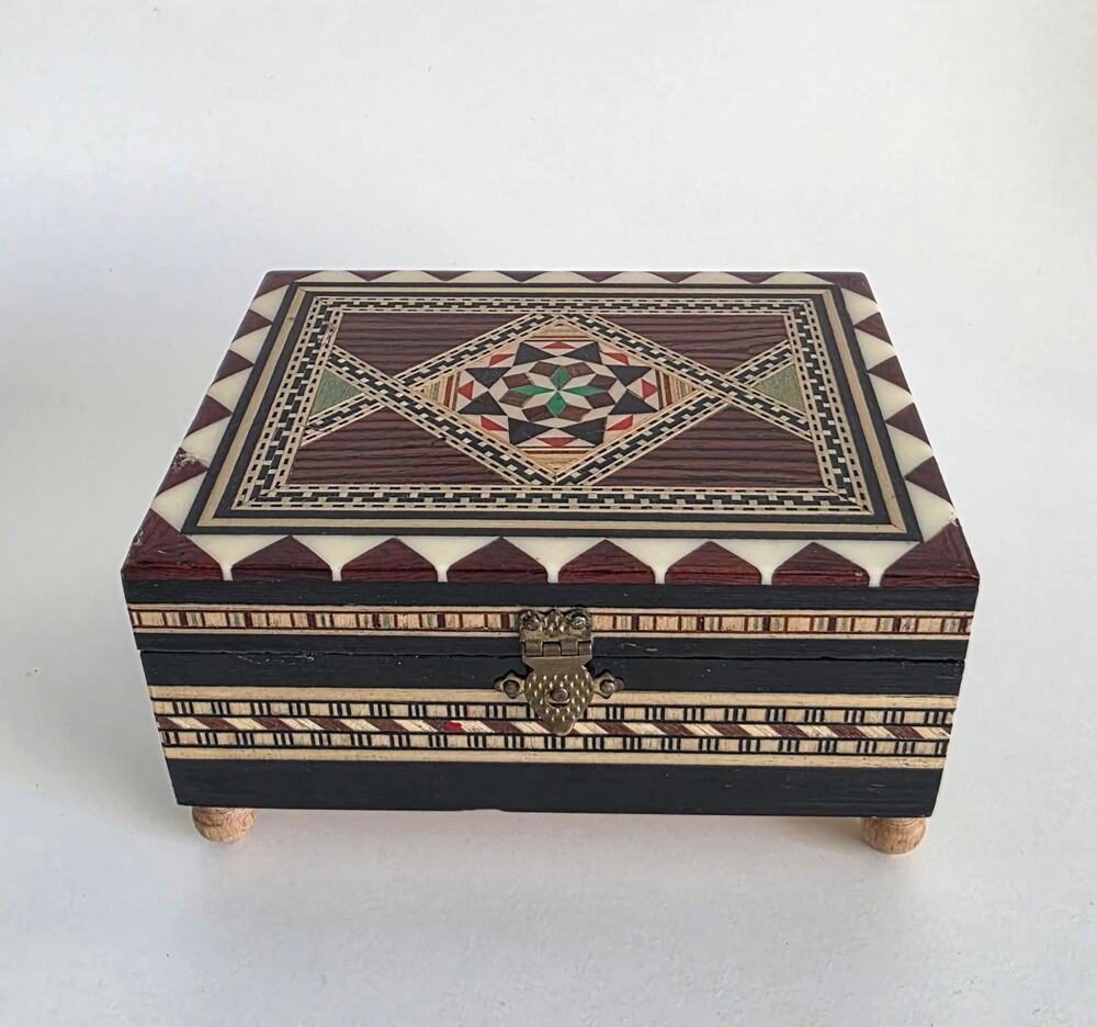Inlaid Wood Music Jewelry Box Geometric Mosaic Red Lined